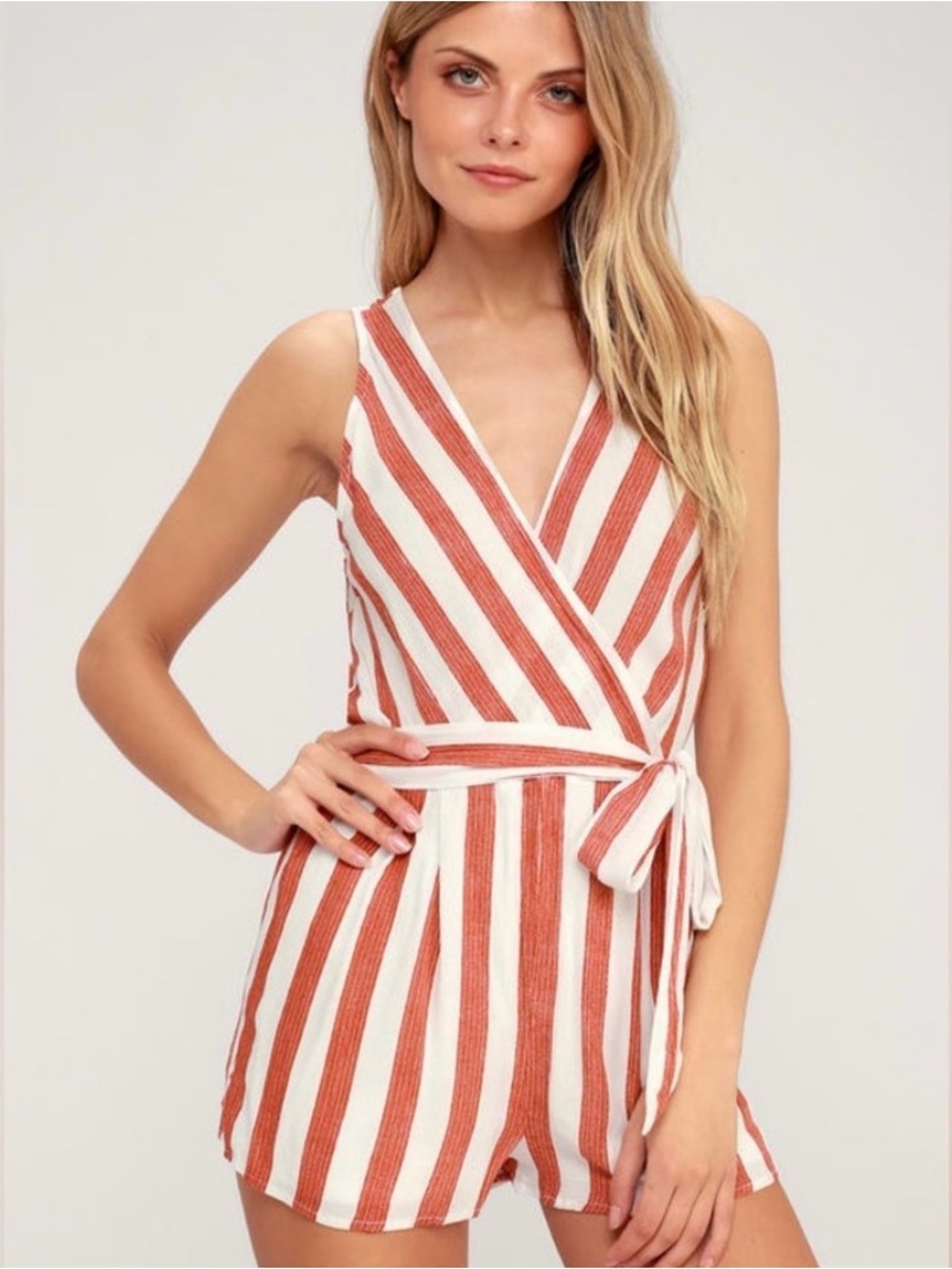 Lulu's Rust and White Striped Wrap Romper